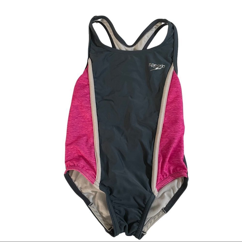Speedo Child’s Racer Back One Piece Swim Suit Grey and Pink Size 5